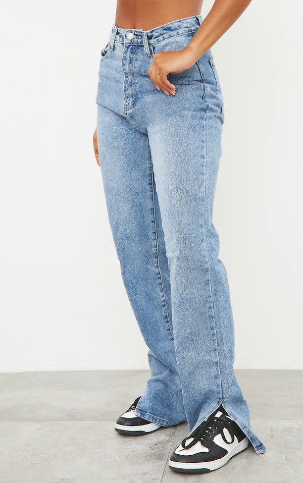 Mid Blue Wash Split Hem Straight Leg Jeans