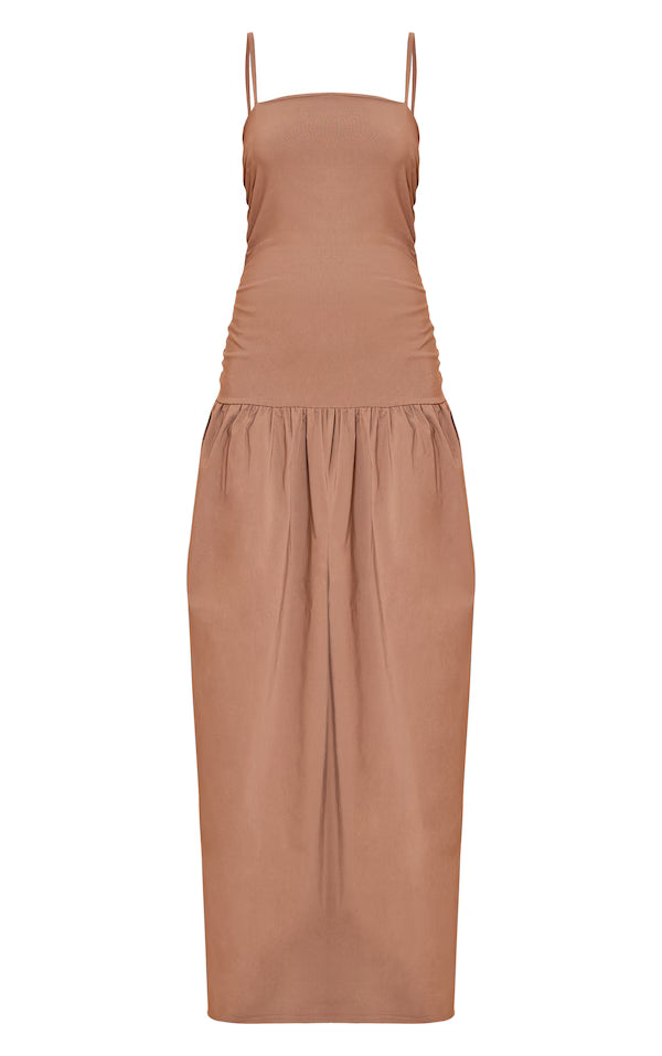 Stretch Woven Strappy Ruched Maxi Dress