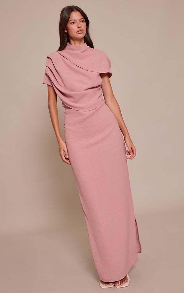 Textured High Neck Pleated Maxi Dress