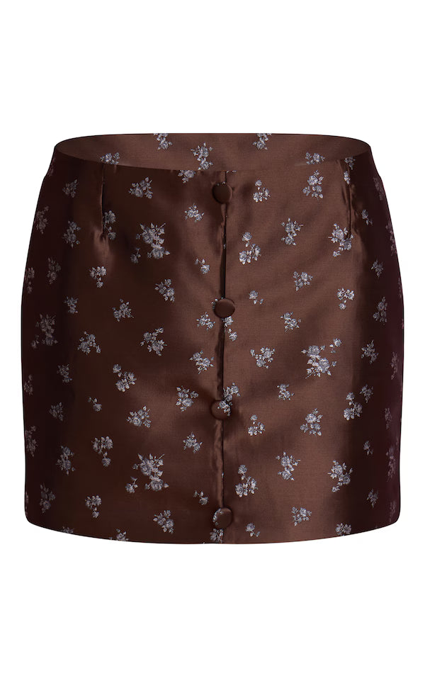Brown Ditsy Floral Jacquard Button Up Skirt