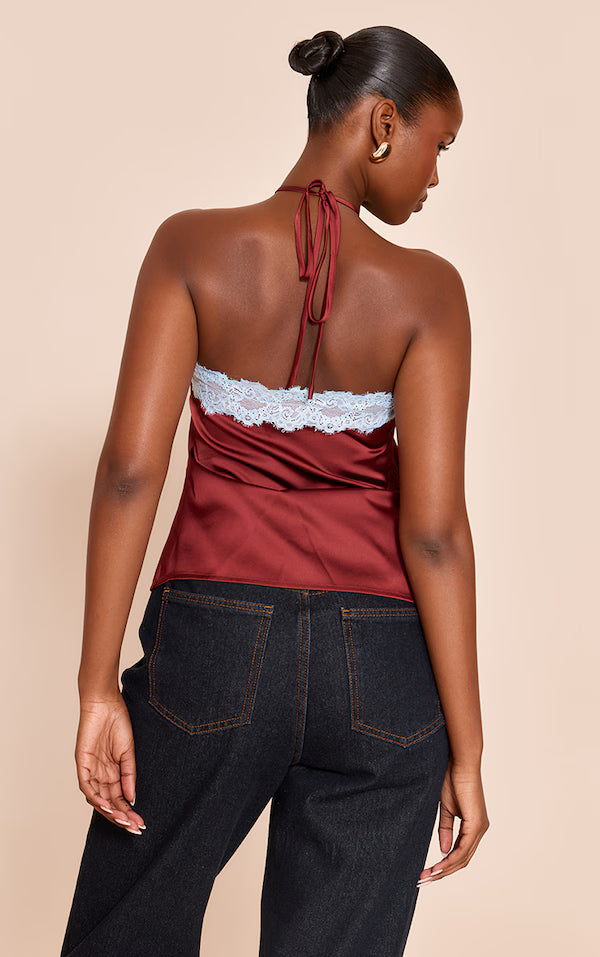 Satin Lace Trim Halterneck Cami Top