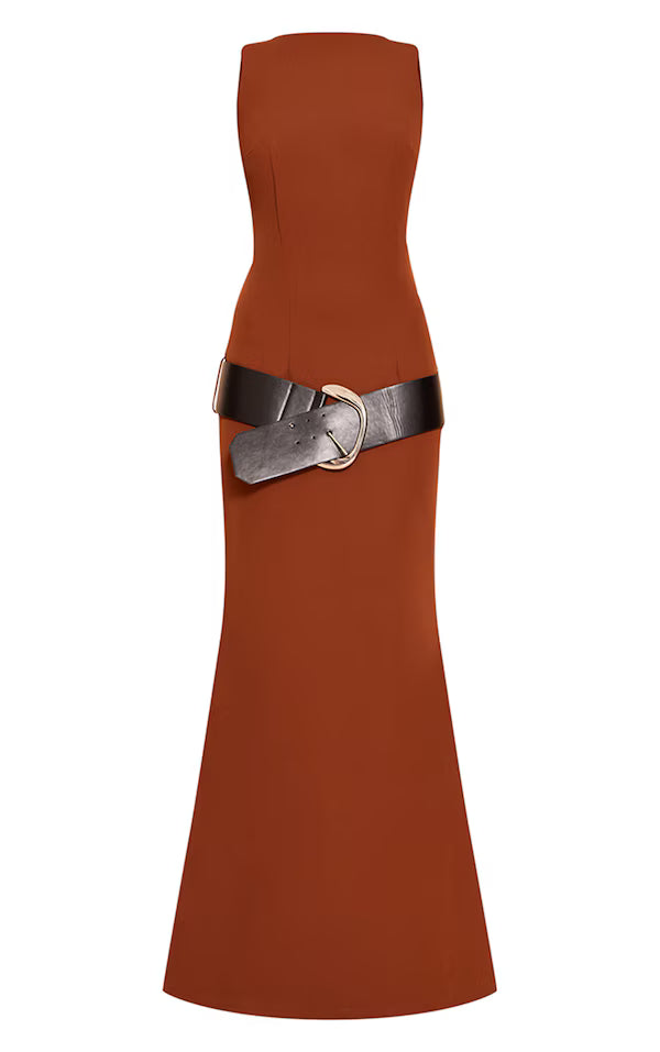 Chocolate Woven Tailored Belt Detail Maxi Dress