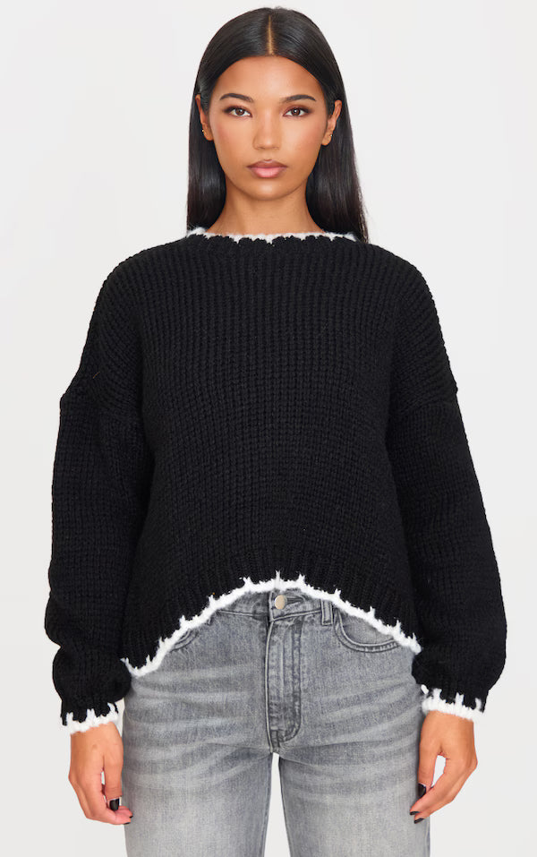 Monochrome Blanket Stitch Oversized Knit Jumper