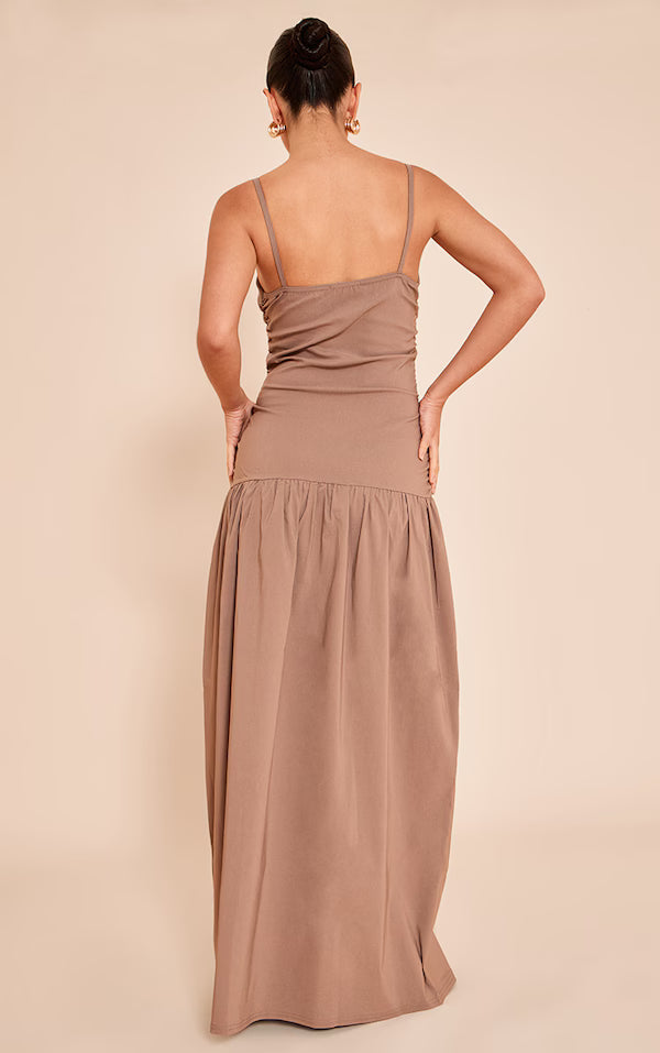Stretch Woven Strappy Ruched Maxi Dress