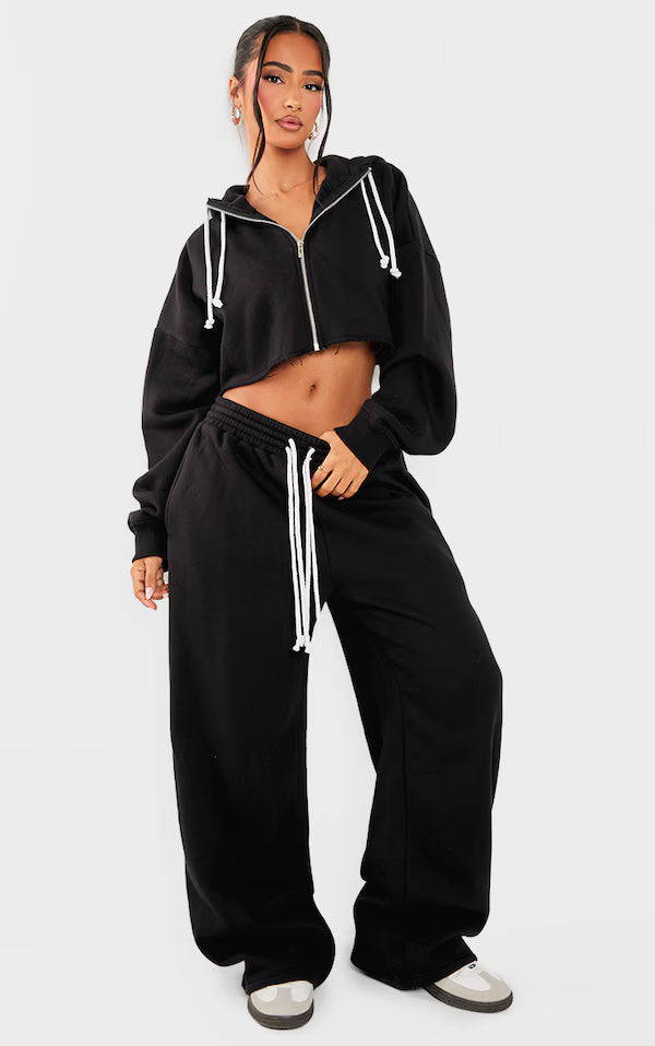 Petite Black Contrast Drawstring Wide Leg Joggers