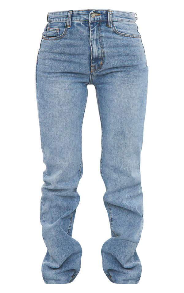 Mid Blue Wash Long Straight Leg Raw Hem Jeans