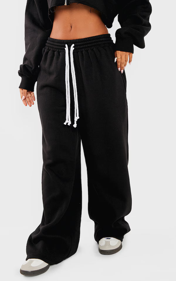 Petite Black Contrast Drawstring Wide Leg Joggers