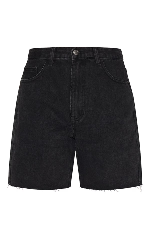 Washed Black Longline Fitted Denim Shorts