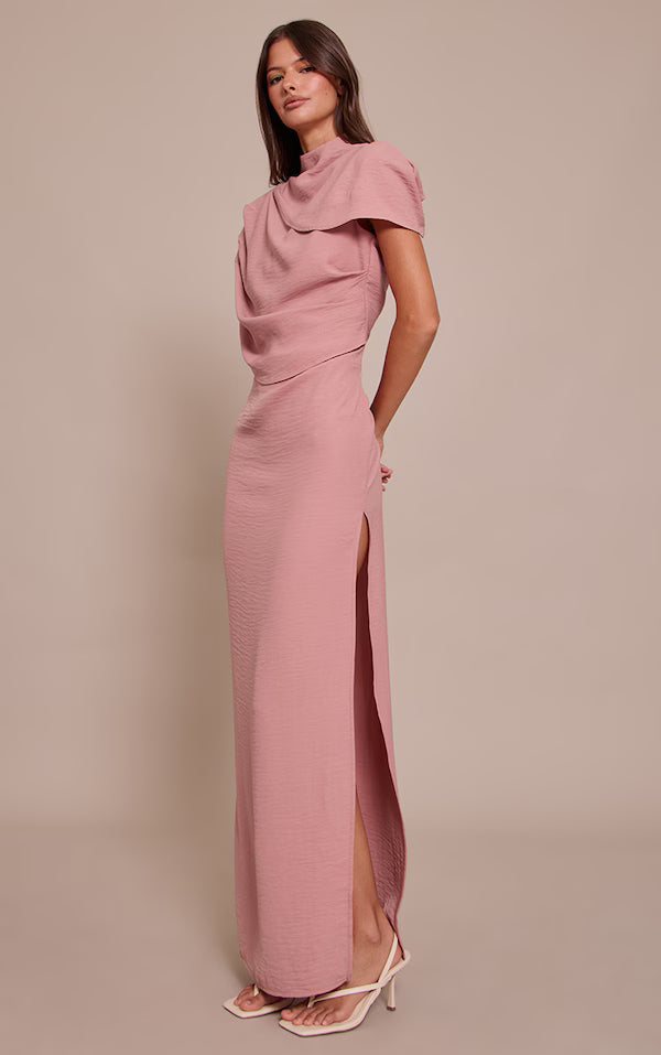 Textured High Neck Pleated Maxi Dress