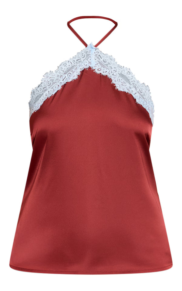 Satin Lace Trim Halterneck Cami Top
