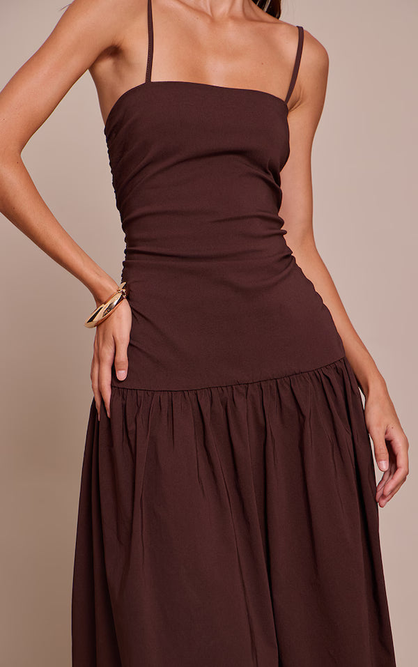 Stretch Woven Strappy Ruched Maxi Dress