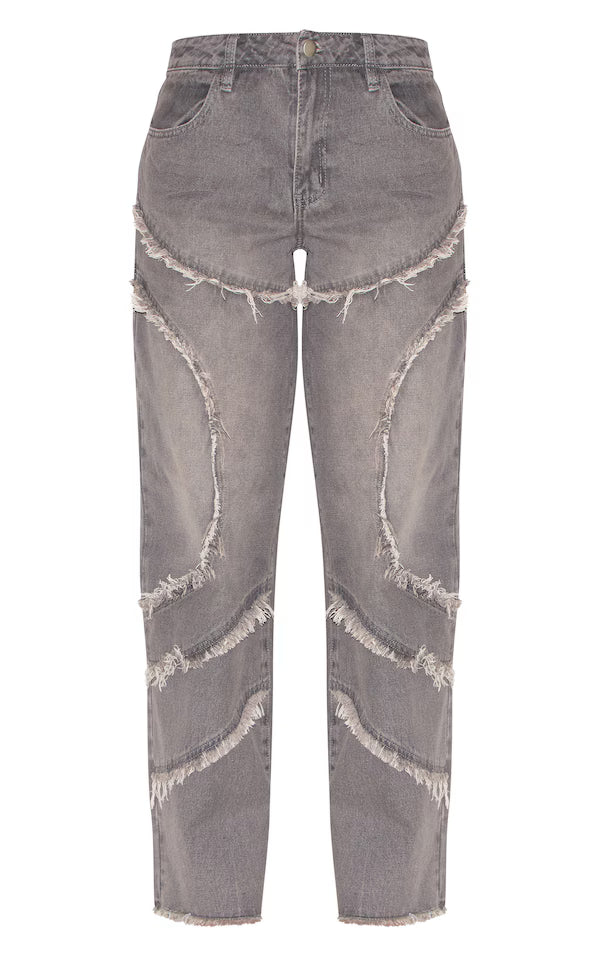 Dark Grey Washed Asymmetric Frayed Detail Mid Rise Straight Leg Jeans