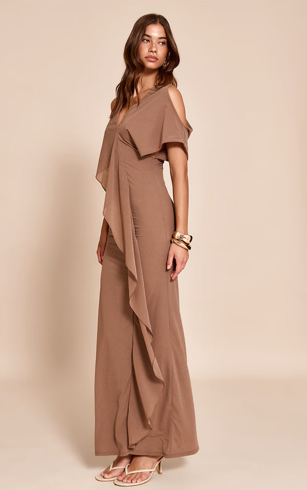 Taupe Onion Skin Frill Detail Maxi Dress