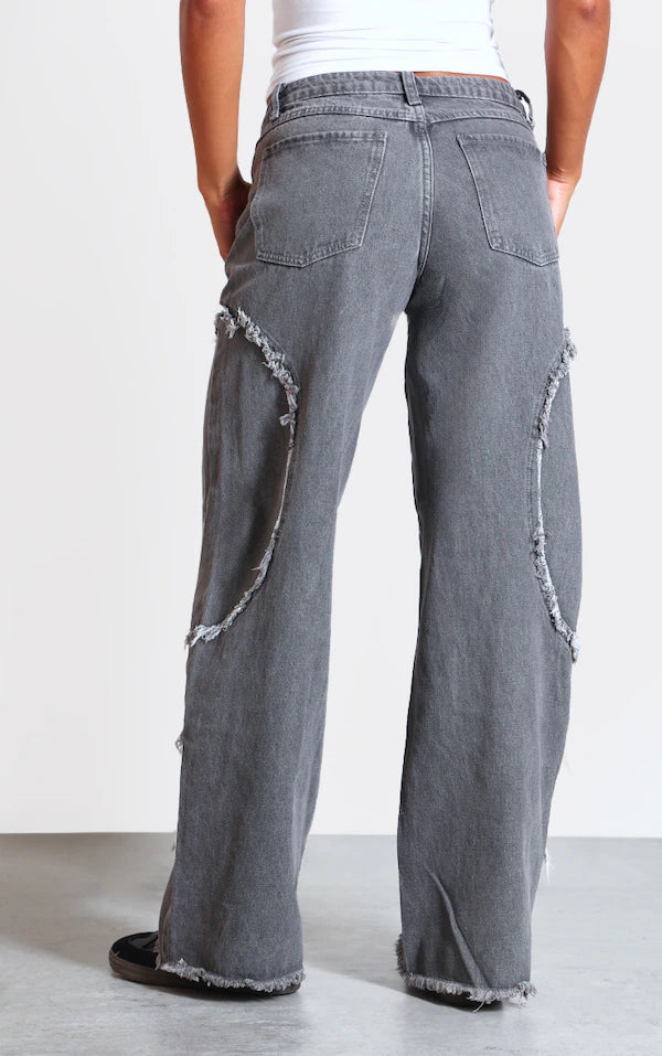 Dark Grey Washed Asymmetric Frayed Detail Mid Rise Straight Leg Jeans