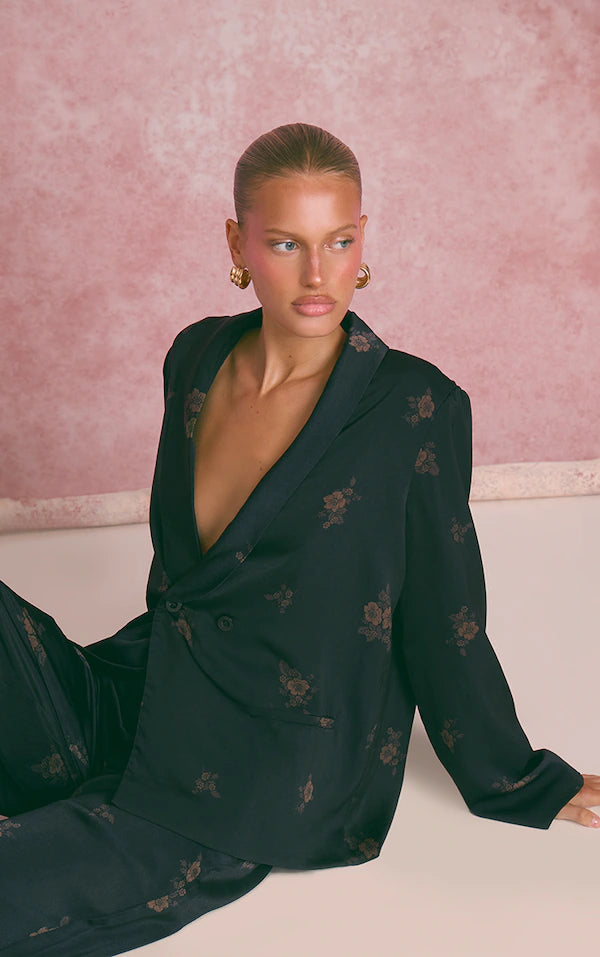 Navy Ditsy Floral Satin Suit Trousers