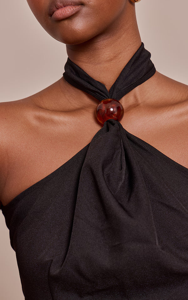 Black Bead Detail Woven Halterneck Top