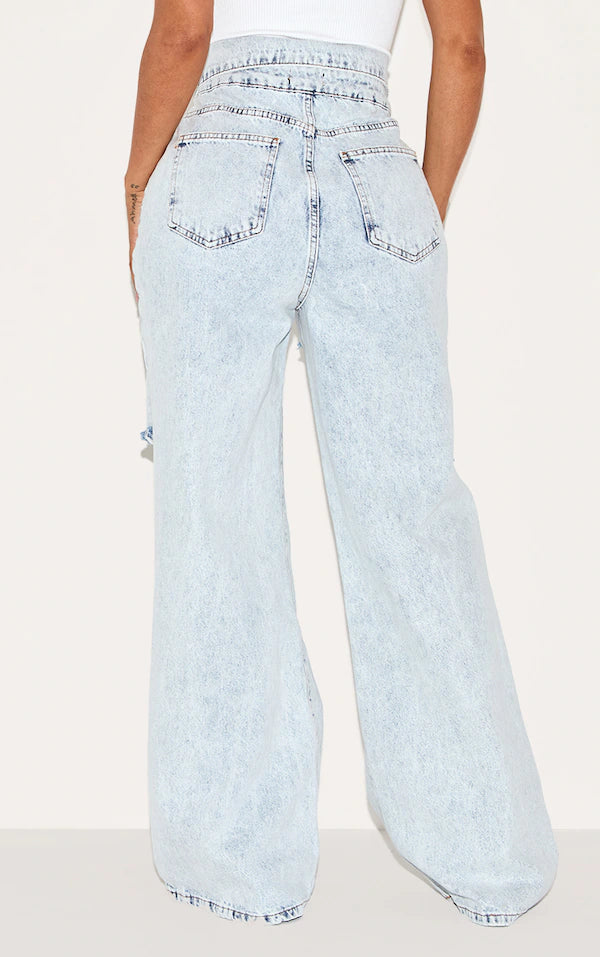 Shape Light Blue Acid Wash Denim Foldover Waist Ripped Wide Leg Jeans