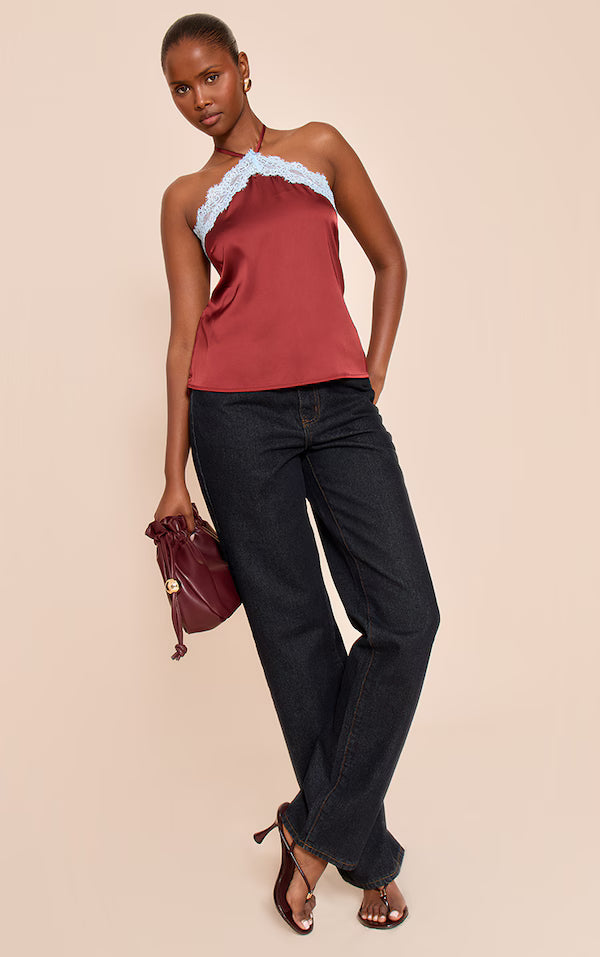 Satin Lace Trim Halterneck Cami Top
