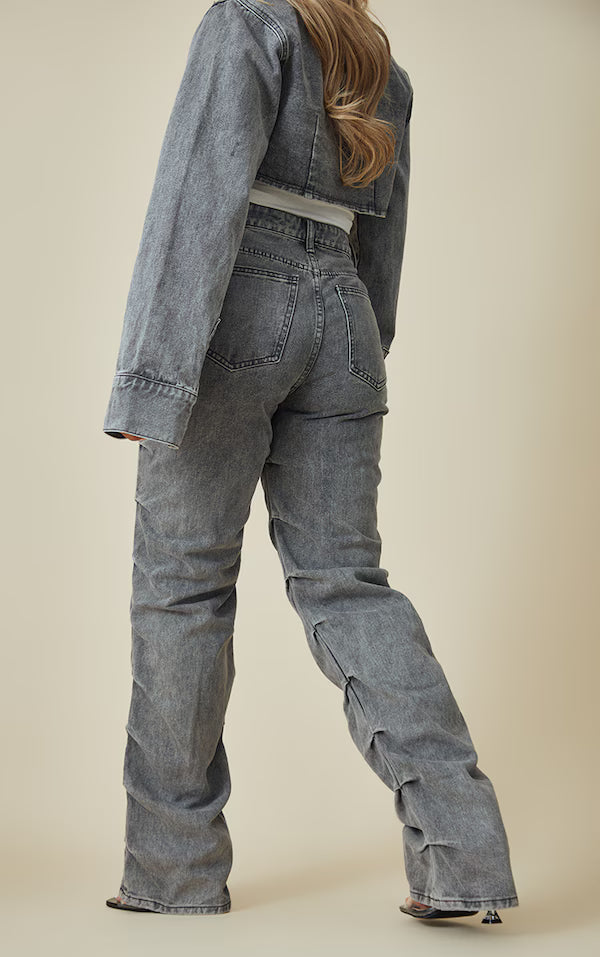 Washed Grey Ruched Straight Leg Denim Jeans
