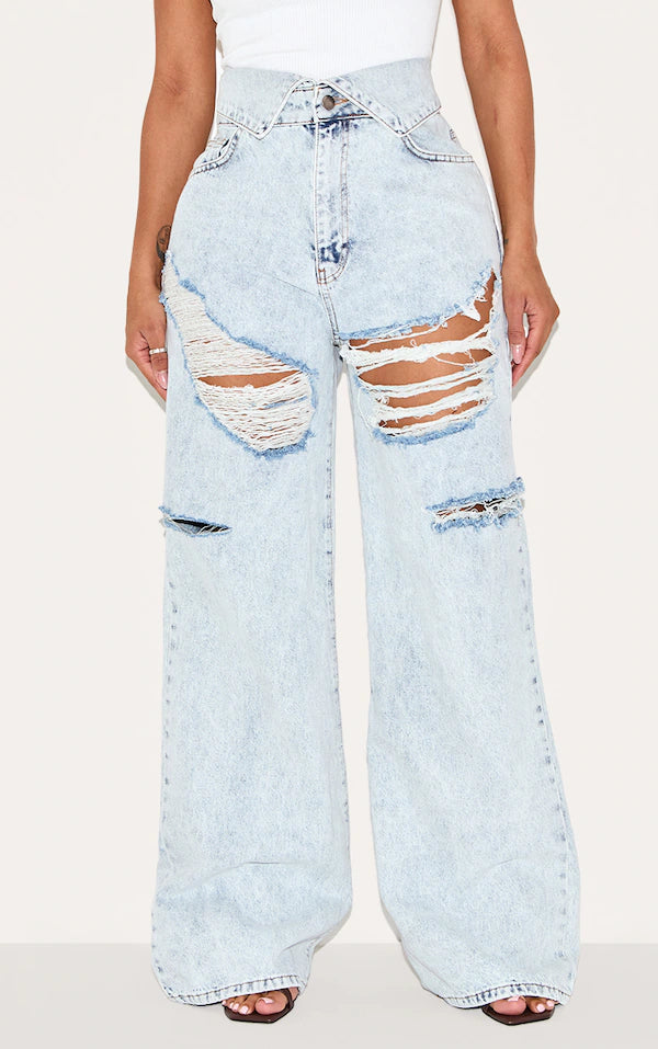 Shape Light Blue Acid Wash Denim Foldover Waist Ripped Wide Leg Jeans