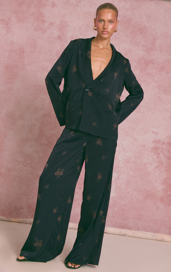 Navy Ditsy Floral Satin Suit Trousers