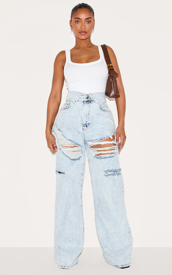 Shape Light Blue Acid Wash Denim Foldover Waist Ripped Wide Leg Jeans