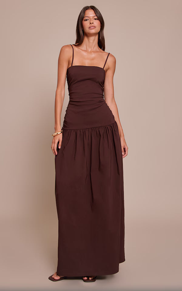 Stretch Woven Strappy Ruched Maxi Dress