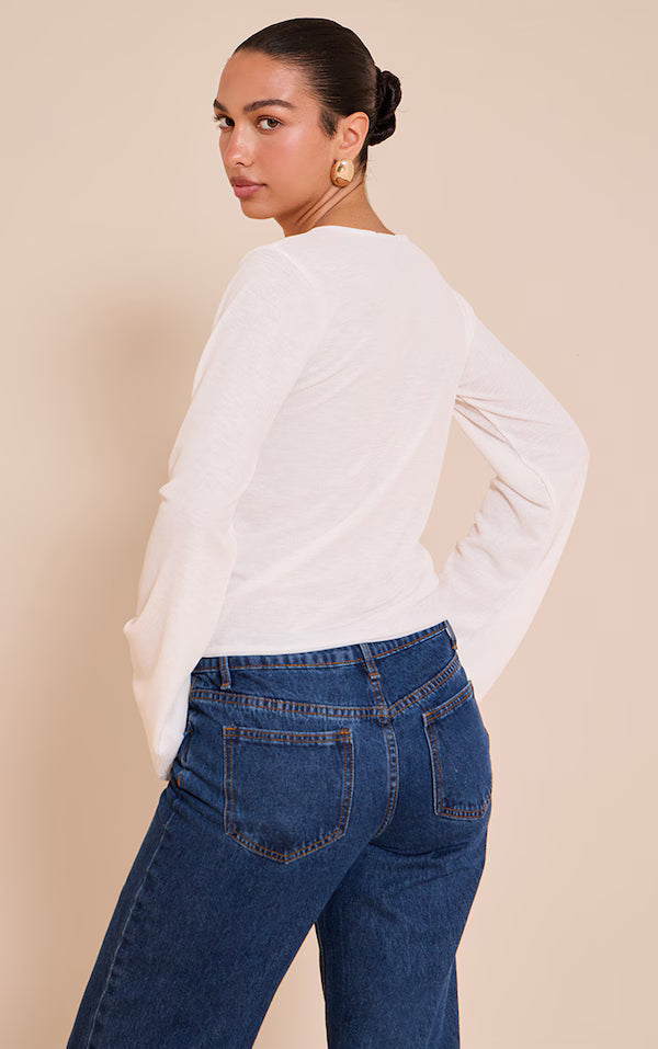 Ecru Rib Onion Skin Flare Long Sleeve Top