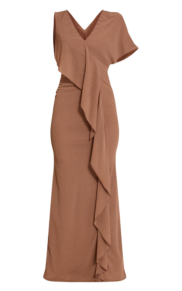 Taupe Onion Skin Frill Detail Maxi Dress