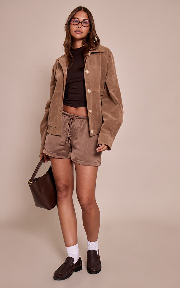 Chocolate Textured Satin Drawstring Shorts