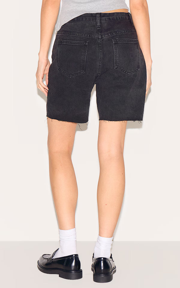 Washed Black Longline Fitted Denim Shorts