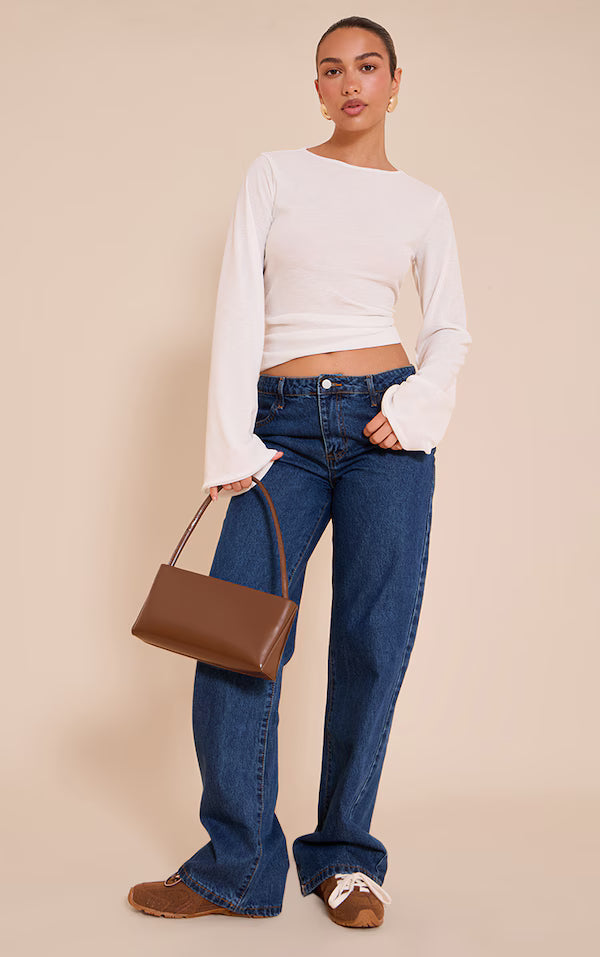 Ecru Rib Onion Skin Flare Long Sleeve Top