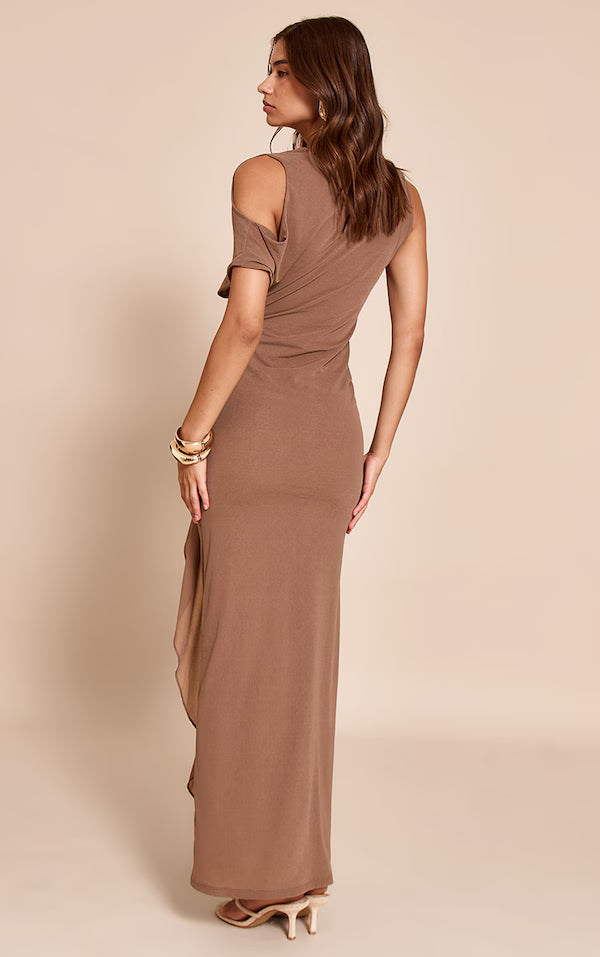 Taupe Onion Skin Frill Detail Maxi Dress