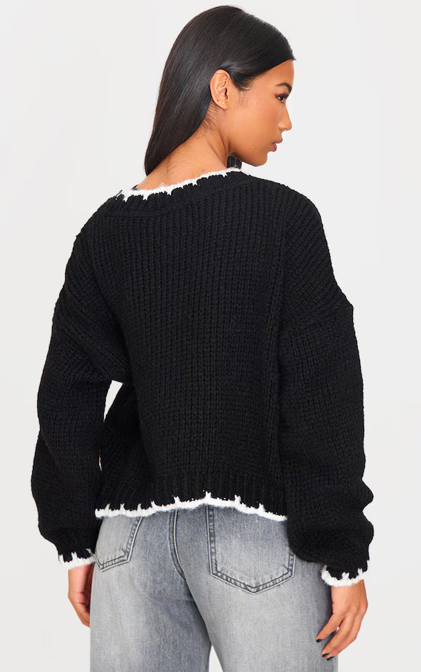 Monochrome Blanket Stitch Oversized Knit Jumper