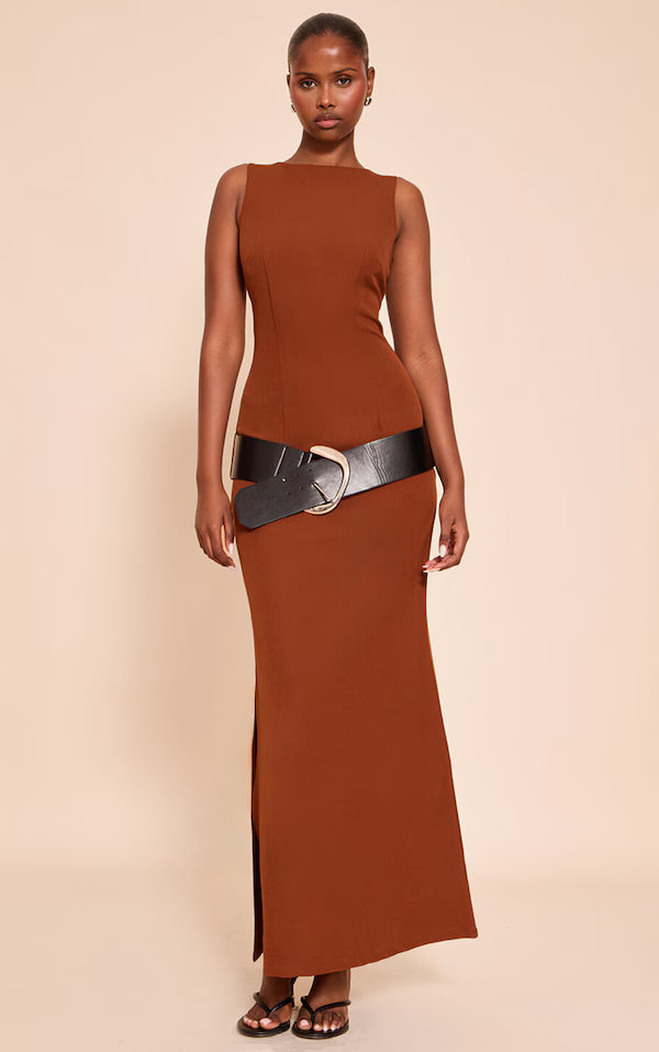 Chocolate Woven Tailored Belt Detail Maxi Dress
