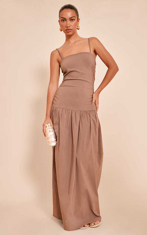 Stretch Woven Strappy Ruched Maxi Dress