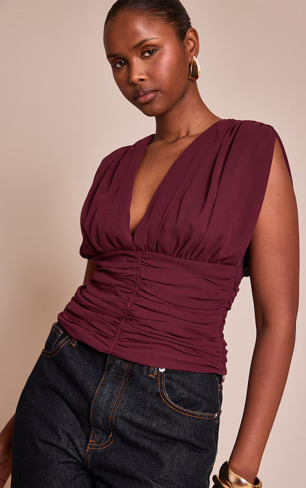 Chiffon Plunge Ruched Bodice Top