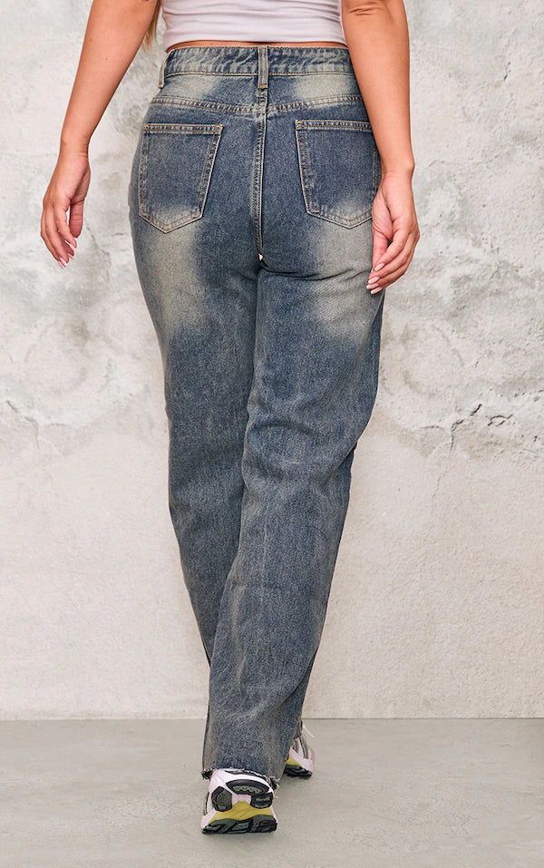 Washed Frayed Hem Wide Leg Jeans