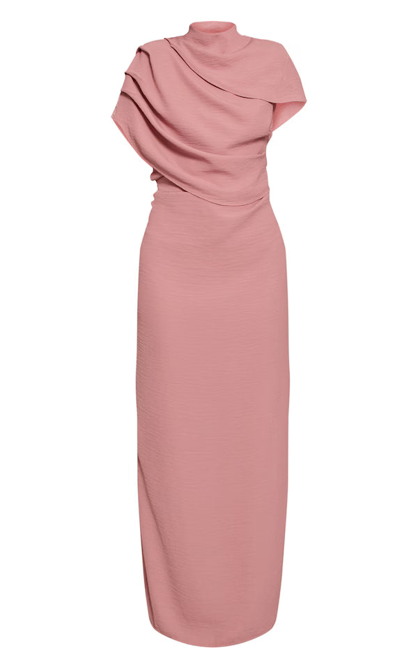 Textured High Neck Pleated Maxi Dress