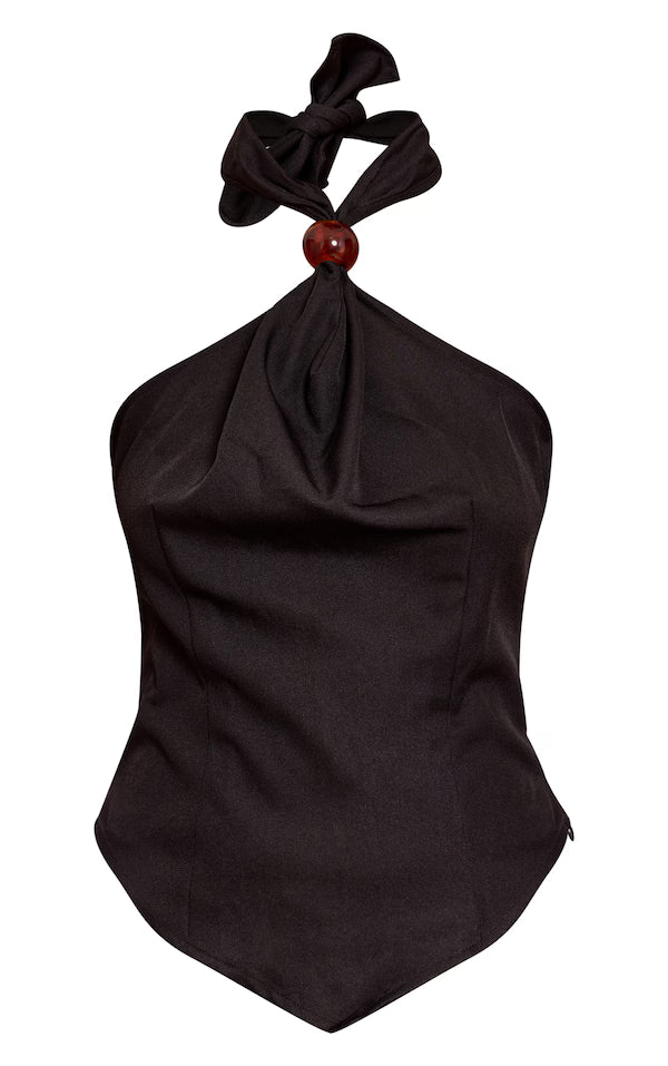 Black Bead Detail Woven Halterneck Top