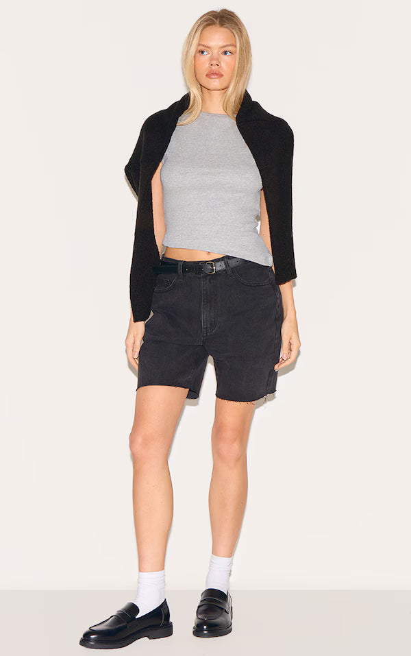 Washed Black Longline Fitted Denim Shorts