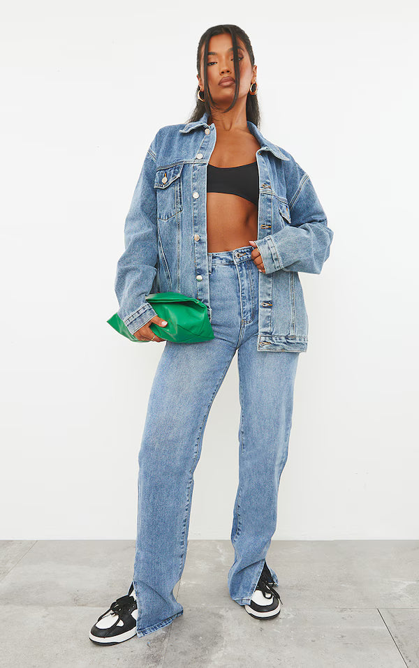 Mid Blue Wash Split Hem Straight Leg Jeans