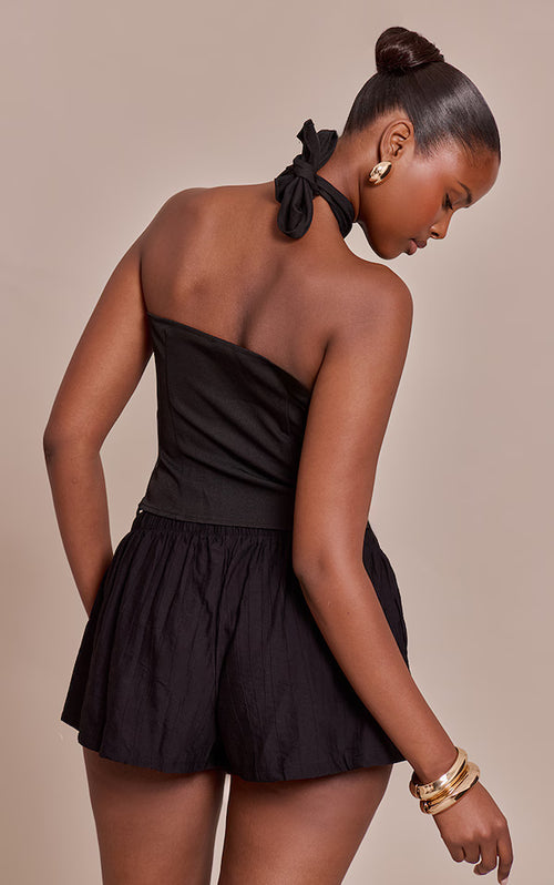 Black Bead Detail Woven Halterneck Top