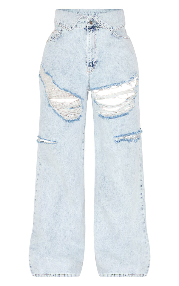 Shape Light Blue Acid Wash Denim Foldover Waist Ripped Wide Leg Jeans