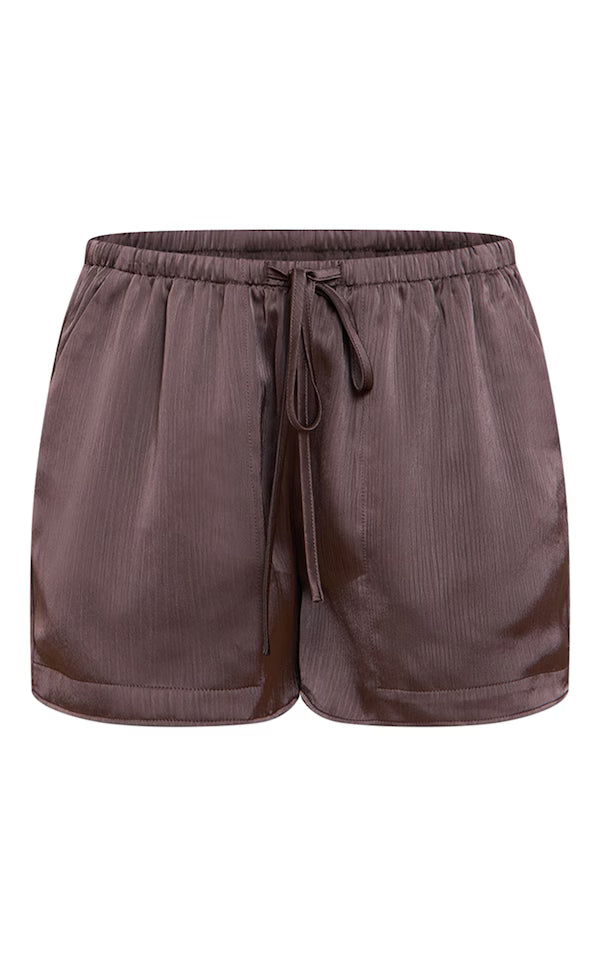 Chocolate Textured Satin Drawstring Shorts
