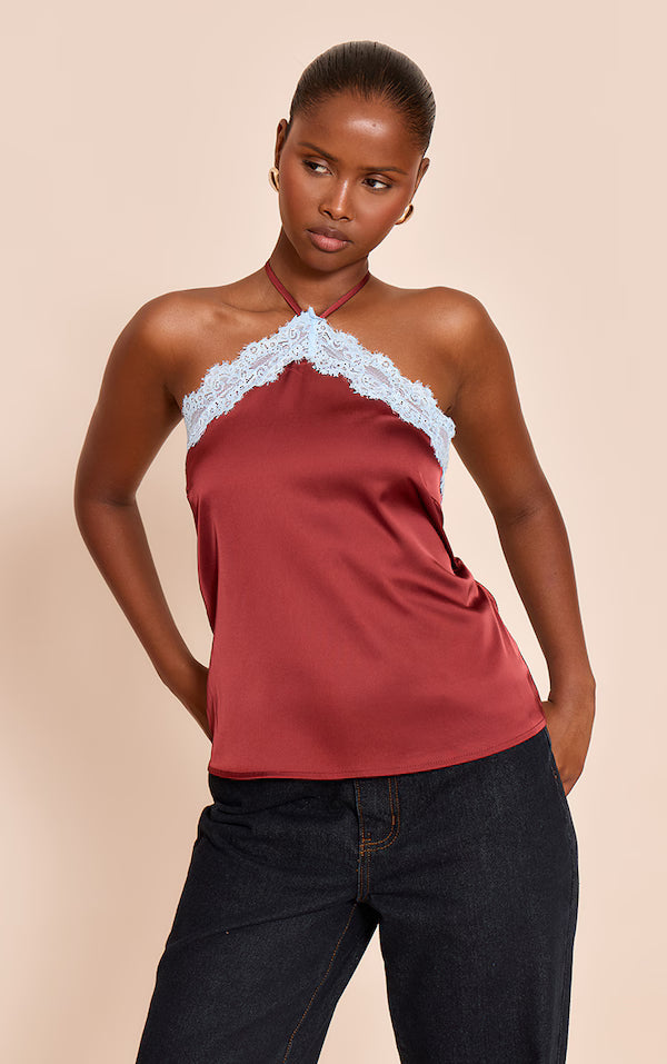 Satin Lace Trim Halterneck Cami Top
