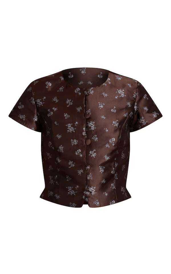 Brown Ditsy Floral Jacquard Button Up Top
