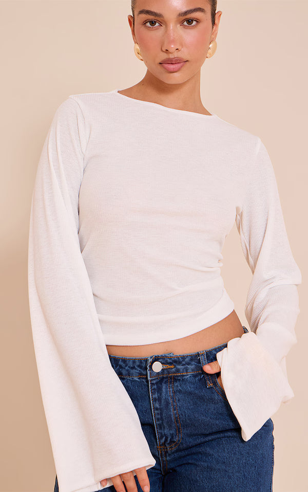 Ecru Rib Onion Skin Flare Long Sleeve Top