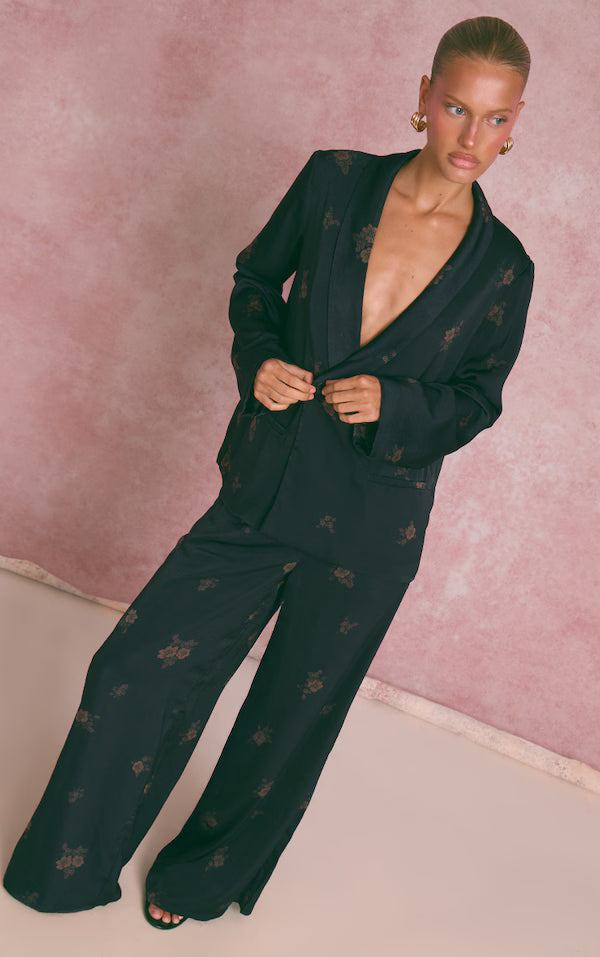 Navy Ditsy Floral Satin Suit Trousers