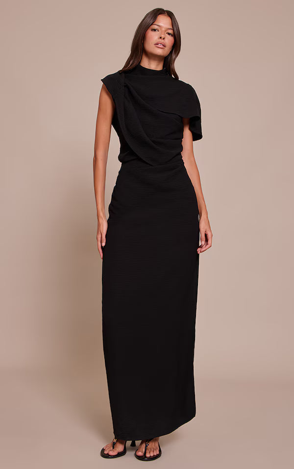 Textured High Neck Pleated Maxi Dress